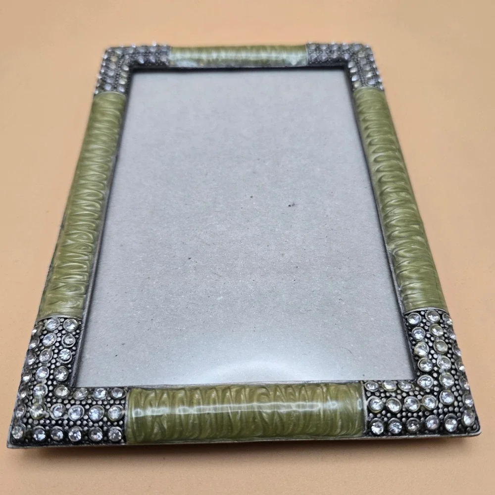 Sage Green Enamel and Rhinestone Picture Frame Vintage Style 4x6 Tabletop Decor - Picture 3 of 16